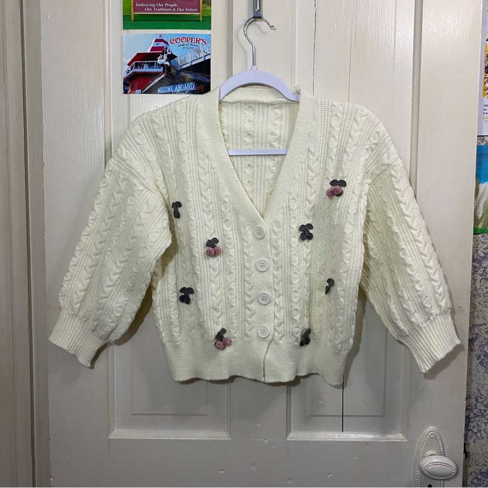 CHERRY CARDIGAN | Women's Cream Cardigan Button Up Sweater with Cherry Accents